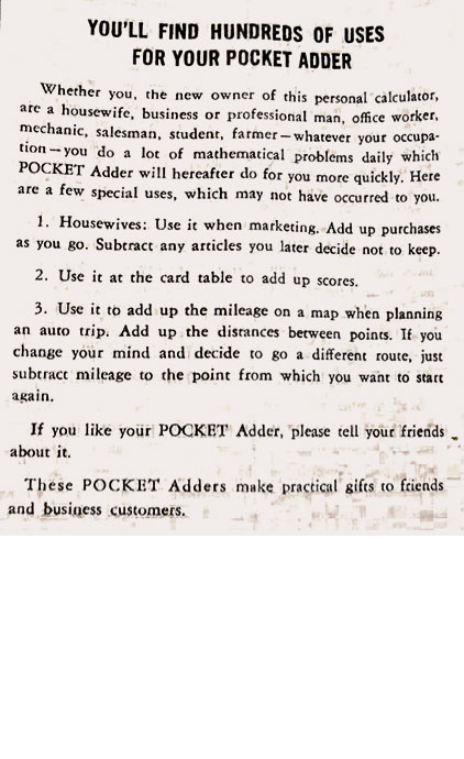 The Kes-Add pocket adder instructions page