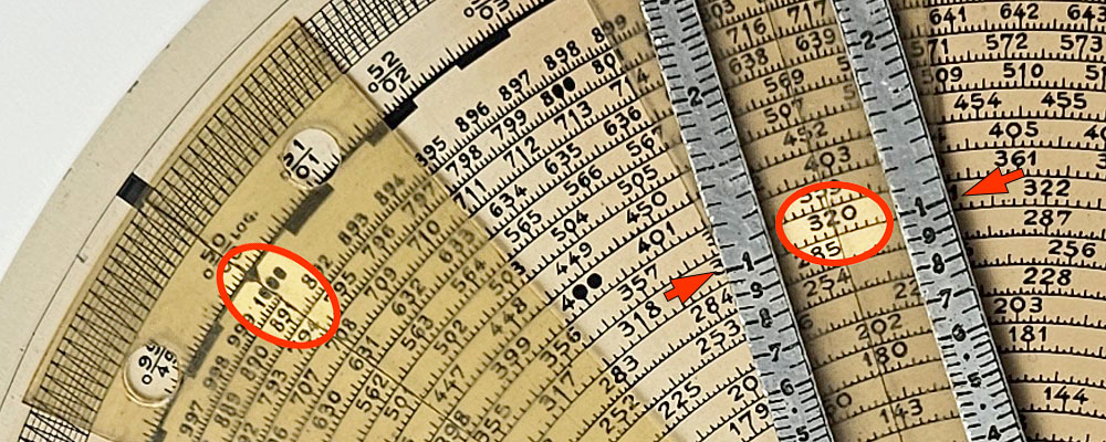 M.E.  Courvoisier spiral slide rule - calculation example