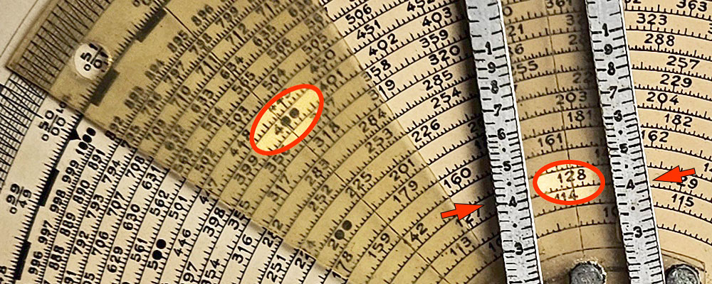M.E.  Courvoisier spiral slide rule - calculation example