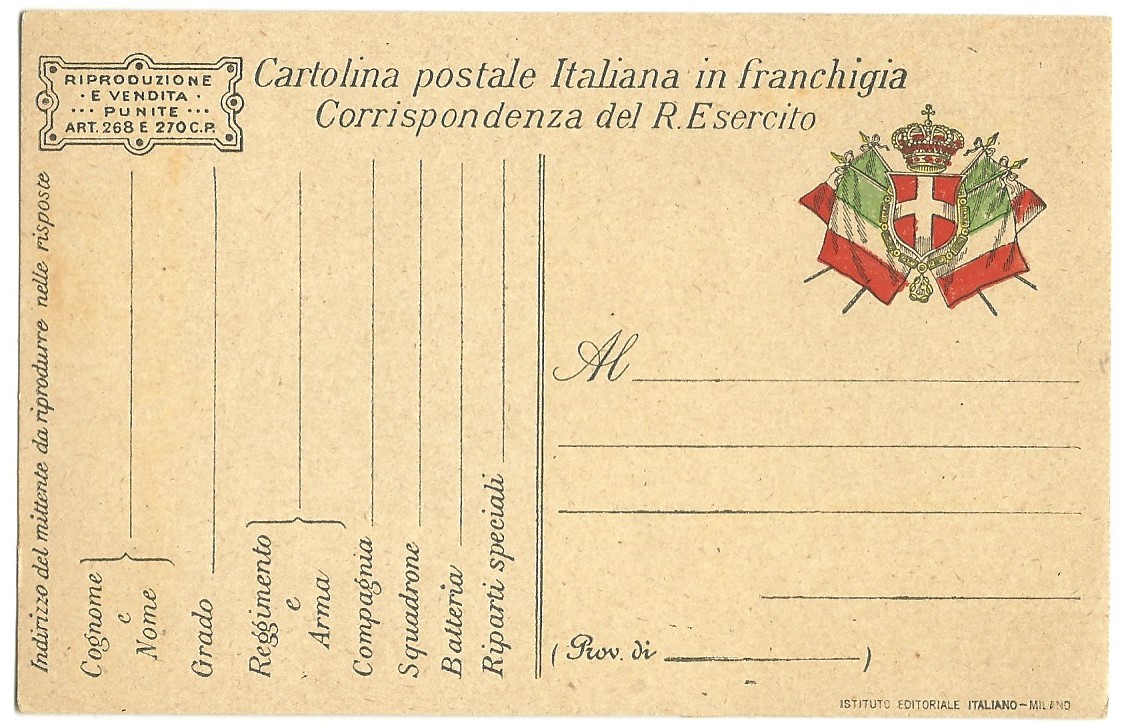 Military issue Italian postcard from WW1