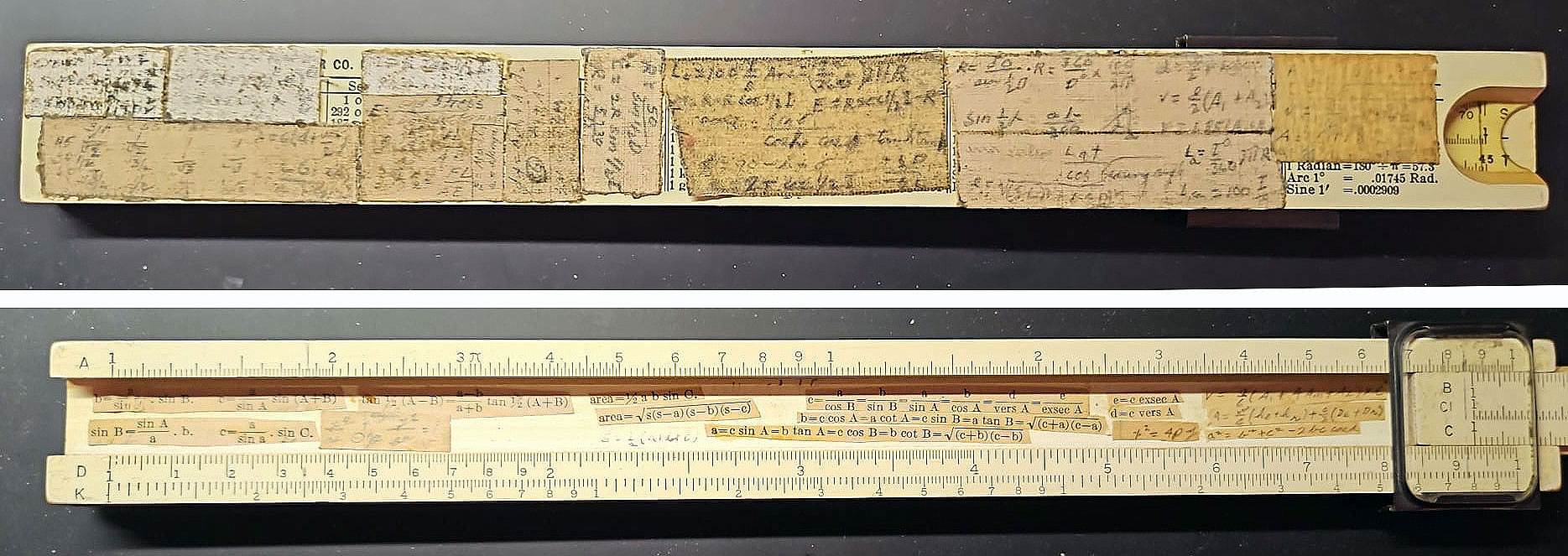 Keuffel & Esser N4058W beginner's slide rule - cheat stickers