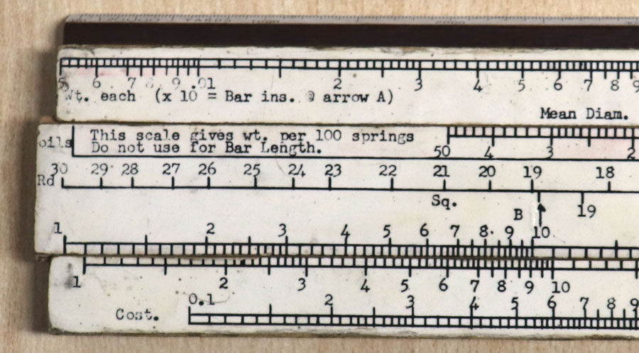 A WW2 artillery slide rule converted to spring design slide rule - detail